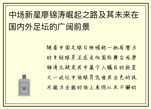 中场新星廖锦涛崛起之路及其未来在国内外足坛的广阔前景