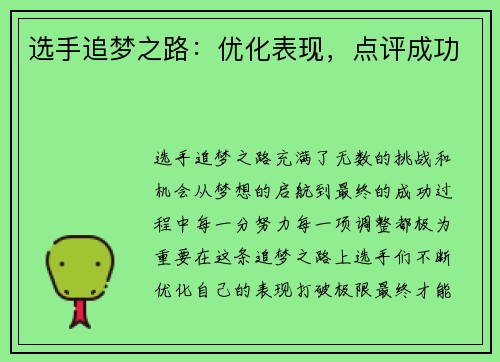 选手追梦之路：优化表现，点评成功